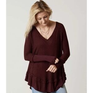 We The Free Womens Medium Burgundy Laguna Thermal Waffle Knit V-Neck Long Sleeve